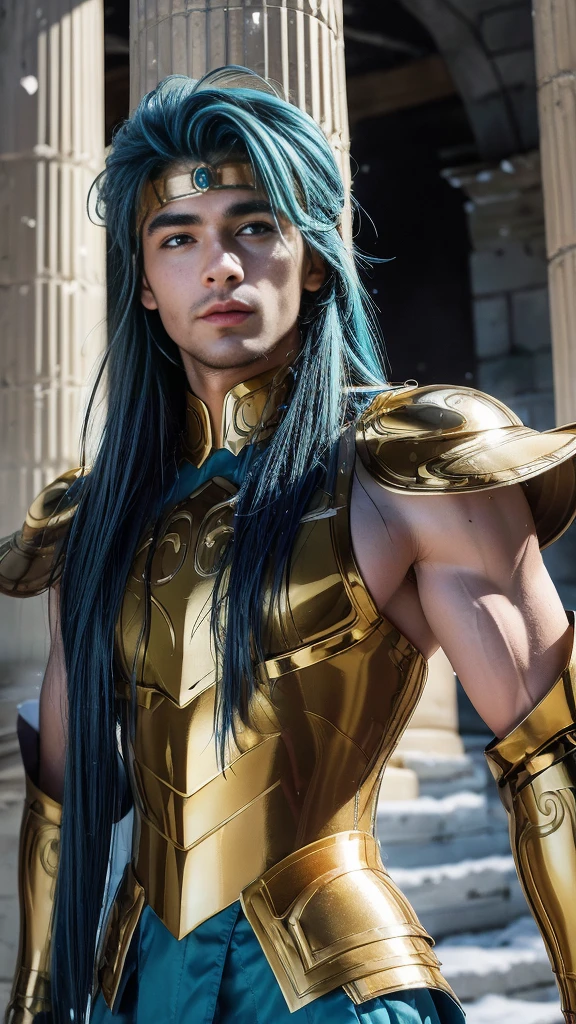 A man, male details, Degel Aquarius from Saint Seiya, masterpiece, best quality, highly detailed RAW color photo, sharp focus, 8k high definition, reading glasses, holding a blue ice energy, long blue hair, turtle neck, male wearing gold shiny armor, light turquoise blue hair, tight-fitting blue undergarment beneath armor, purple eyes, leg armor, shoulder armor, gold armor, reflection on armor, headset, gold headband, sparking armor, white skin-tight transparent vinyl, gentle smile, in an open and well-lit Coliseum,Fighting Pose with Greek pillars and garden with flowers, Aquarius Armor, standing straight, sacredness, landscape, bright, facial freckles (0.1), to8contrast style, posing in a bright Coliseum with Greek ice pillars, rim lighting (1.4), two-tone lighting with soft highlights, octane, unreal, well-lit, aura of wisdom.