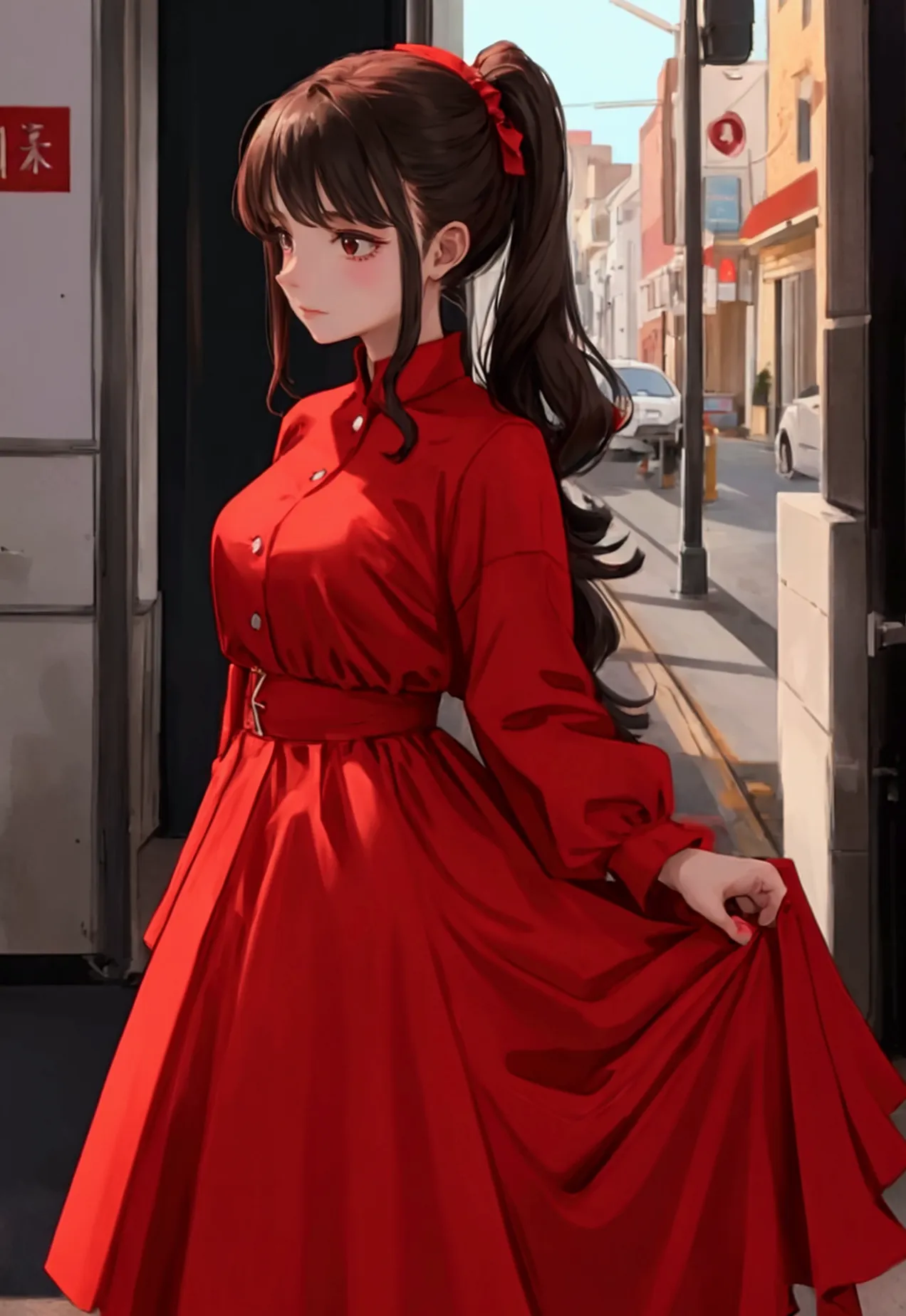 a girl dressed in red