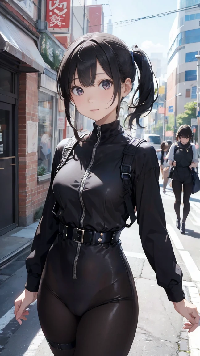 high resolution、High definition、High sensitivity、8k.Japanese、、1、cute、Idol face、Two Side Up Hair、slender、Mid-chest、(black and white high leg bodysuit:1.2)、See-through、Harness Belt、Gun Holder、（POLICE armband:1.3)、Vibrant、（Hold a gun、Firing：1.3）、bustling street、