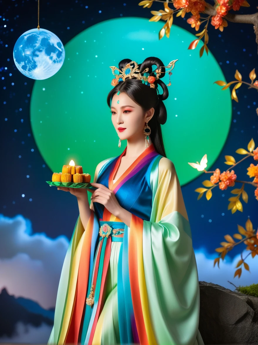 Three-dimensional ancient style, vivid Chinese aesthetics, elegant ancient Chinese fairy, Chang'e holding a mooncake, moon rabbit, starry sky, osmanthus tree, woman in luxurious seven-color rainbow Hanfu on a cliff gazing at the stars, stunning facial features, (full body:1.4), vibrant colors, sparkling attire with glittering stone patterns, shoes of semi-transparent crystal, seven-color gradient fluorescent ribbons, exquisite, light wave, traditional, delicate, perfect composition, ultra HD, crescent earrings, raised eyebrows, phoenix ornament, forehead gemstone, National style, Acrylic, Immortal aura, Mint green tones, Normal perspective, Trend on Artstation