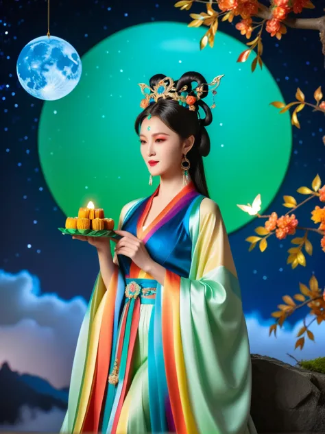 three-dimensional ancient style, vivid chinese aesthetics, elegant ancient chinese fairy, chang'e holding a mooncake, moon rabbi...