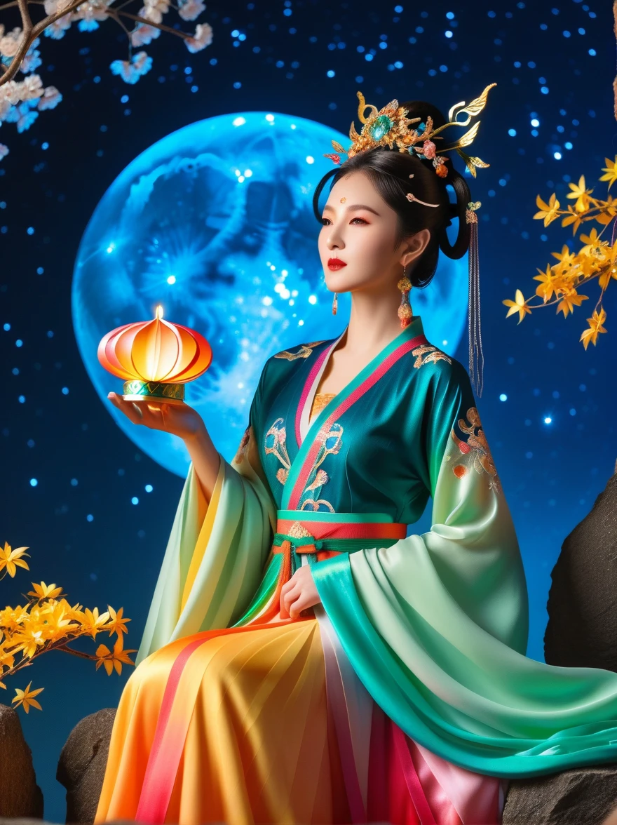 Three-dimensional ancient style, vivid Chinese aesthetics, elegant ancient Chinese fairy, Chang'e holding a mooncake, moon rabbit, starry sky, osmanthus tree, woman in luxurious seven-color rainbow Hanfu on a cliff gazing at the stars, stunning facial features, (full body:1.4), vibrant colors, sparkling attire with glittering stone patterns, shoes of semi-transparent crystal, seven-color gradient fluorescent ribbons, exquisite, light wave, traditional, delicate, perfect composition, ultra HD, crescent earrings, raised eyebrows, phoenix ornament, forehead gemstone, National style, Acrylic, Immortal aura, Mint green tones, Normal perspective, Trend on Artstation