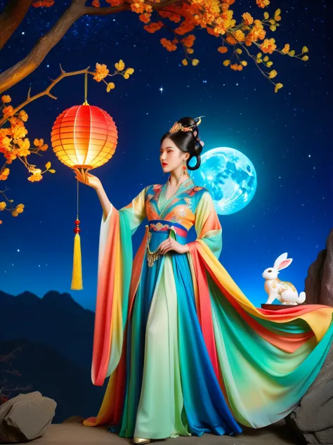 three-dimensional ancient style, vivid chinese aesthetics, elegant ancient chinese fairy, chang'e holding a mooncake, moon rabbi...