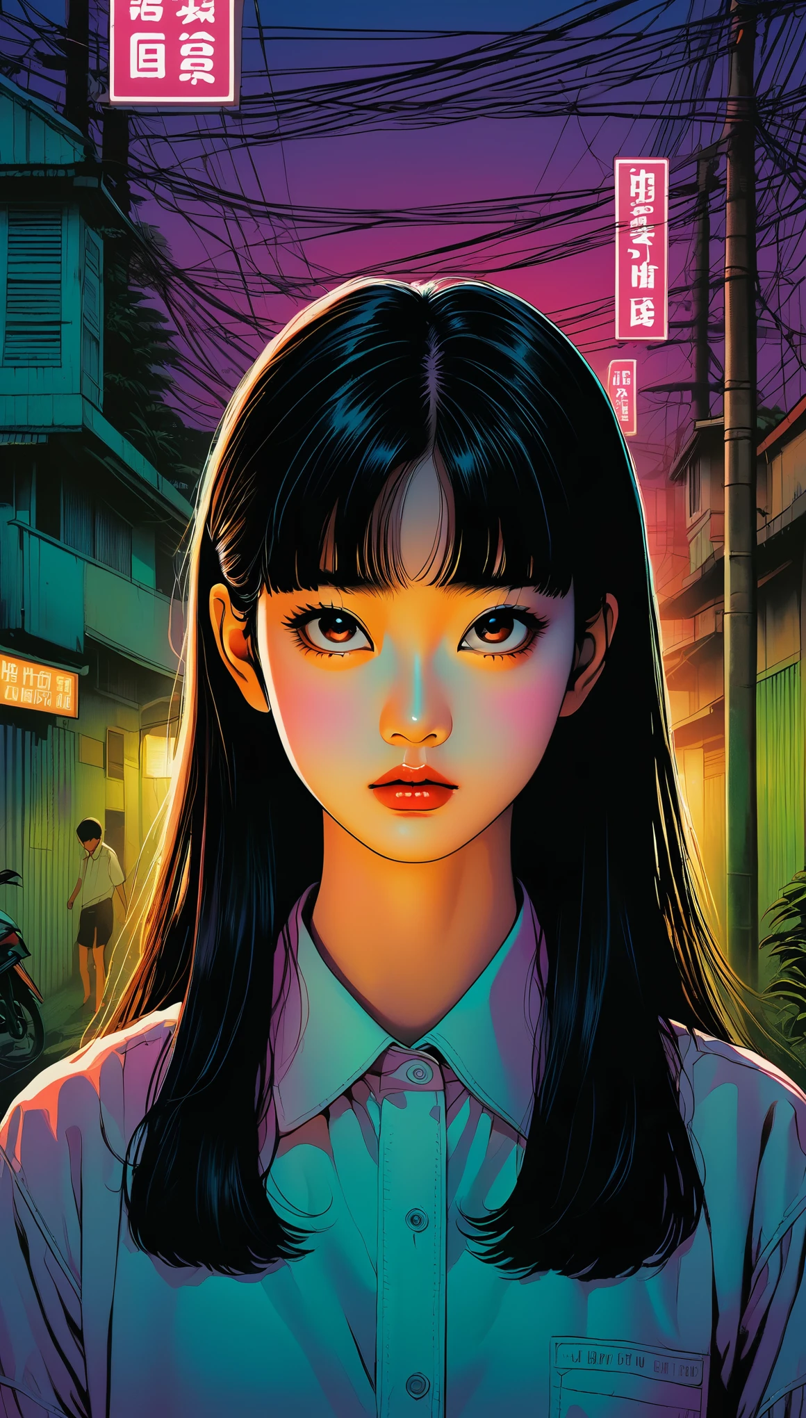 An illustration、art、80s Thai horror movie poster, Supervised by Junji Ito、(high school student:1.0)、night、Town、Attention to detail, Realistic Shadows、Analog Style, chromatic aberration, Surrealism、Complementary Gradient