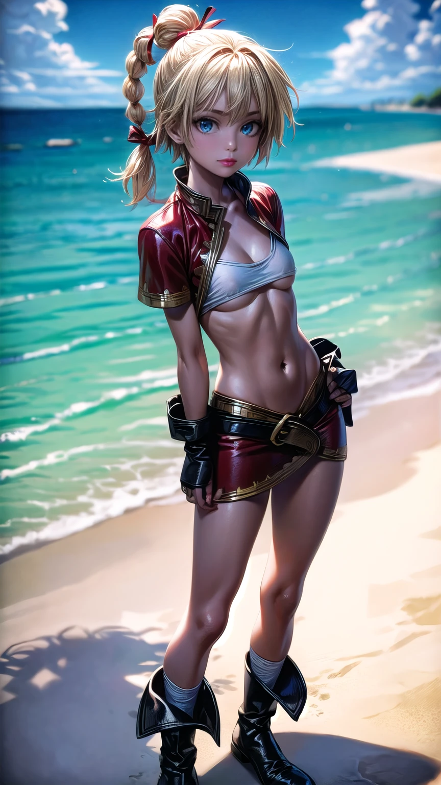 1 adult woman, character "kid" from chrono cross, 20 years old, (mature face), yellow hair in a high braided ponytail, (medium-small bust:1.4),standing on white sandy beach, in various fighting poses, fitted jacket 3/4 cropped, white top under jacket, tight fitting micro skirt, loose leather boots, ankle wraps, detailed face, detailed eyes, detailed lips, highly detailed, 8k, ultra-detailed 90s era anime style, cinematic lighting, vivid colors, dramatic shadows, masterpiece, award winning art, wide angle, (full length portrait), strong_negative, micrsk3rt, bikini underboob, navel, no bra 