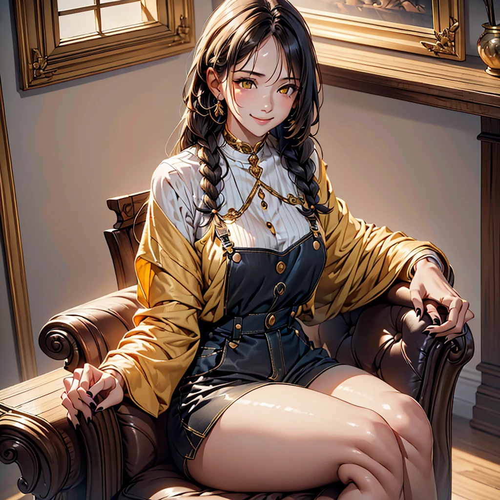 women, long hair with 2 braids, by white, honey yellow eyes, Purple overalls with black blouse, long black nails, sitting on an armchair in a room, full body, chest a little big, bright smile, mischievous smile.