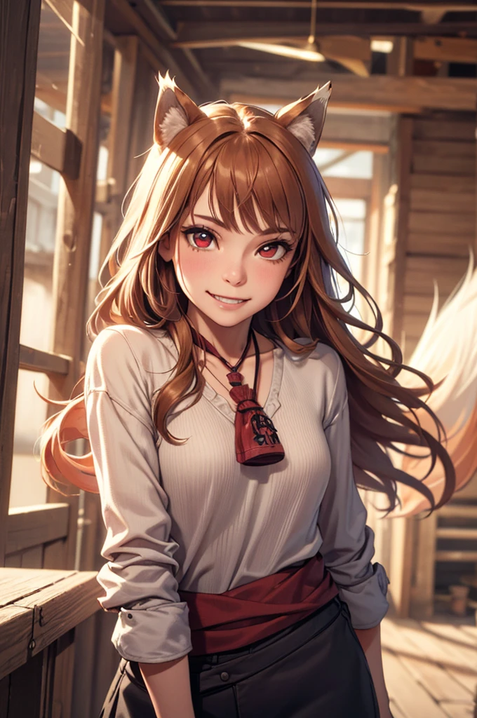 a highly detailed and intricate portrait of a girl with long brown hair, wolf-like ears, red eyes, and a wolf-like tail, wearing a small fabric pouch hanging from her neck, standing in a cowboy shot pose and smiling to reveal her sharp canine teeth, (best quality,4k,8k,highres,masterpiece:1.2),ultra-detailed,(realistic,photorealistic,photo-realistic:1.37),extremely detailed eyes and face,longeyelashes,beautiful detailed eyes,beautiful detailed lips,1girl,wolf ears,red eyes,wolf tail,white ear tips,white tail tip,small fabric pouch,standing,cowboy shot,smiling,sharp canine teeth