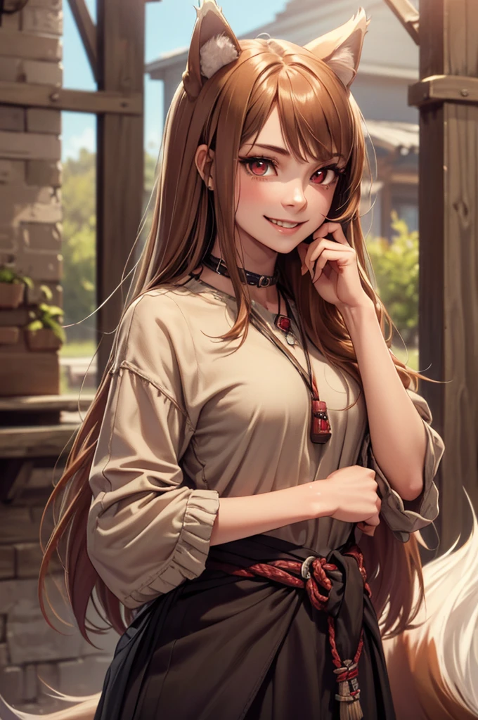 a highly detailed and intricate portrait of a girl with long brown hair, wolf-like ears, red eyes, and a wolf-like tail, wearing a small fabric pouch hanging from her neck, standing in a cowboy shot pose and smiling to reveal her sharp canine teeth, (best quality,4k,8k,highres,masterpiece:1.2),ultra-detailed,(realistic,photorealistic,photo-realistic:1.37),extremely detailed eyes and face,longeyelashes,beautiful detailed eyes,beautiful detailed lips,1girl,wolf ears,red eyes,wolf tail,white ear tips,white tail tip,small fabric pouch,standing,cowboy shot,smiling,sharp canine teeth