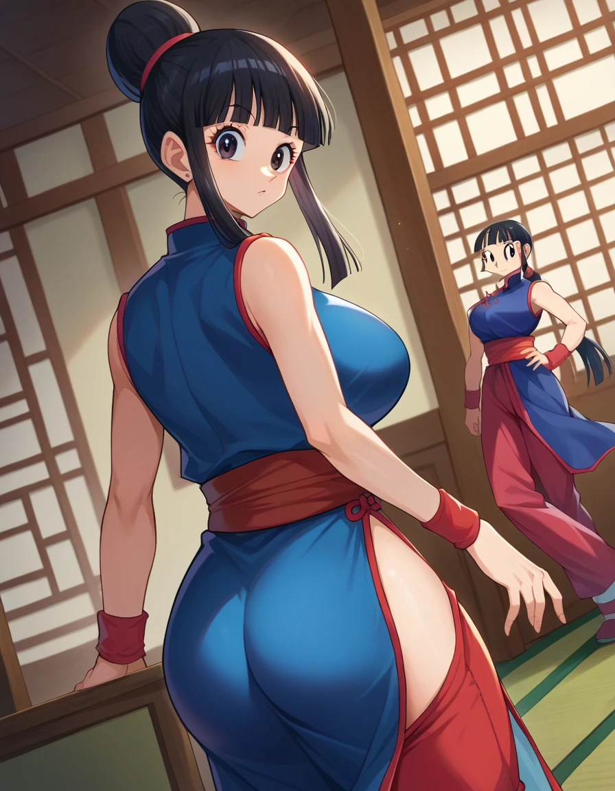 score_9, score_8_up, score_7_up, source_anime, dragonballchichi, chi chi, black eyes, black hair, long hair, hime cut, blunt bangs, sidelocks, bare arms, blue dress, china dress, chinese clothes, dress, high collar, obi, pants, ponytail, red pants, red sash, red wristband, sash, side slit, sleeveless, sleeveless dress, wristband, indoors, dojo, looking at viewer, dutch angle, cowboy shot, huge ass, huge thighs, huge breasts, body with huge hips, butt focus, clevage,