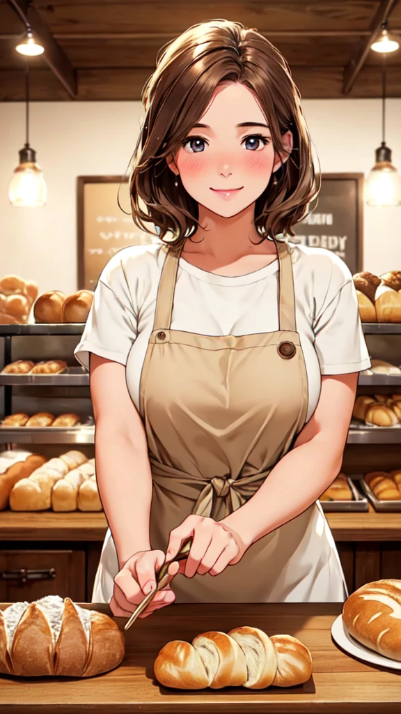 (High quality, High resolution, Fine details), a bakery staff working in a cozy bakeshop, freshly baked bread, warm lighting, vintage decor, natural wood accents, solo, curvy adult women, light brown hair, sparkling eyes, (Detailed eyes:1.2), smile, blush, Sweat, Oily skin, natural lighting, Soft tones, shallow depth of field