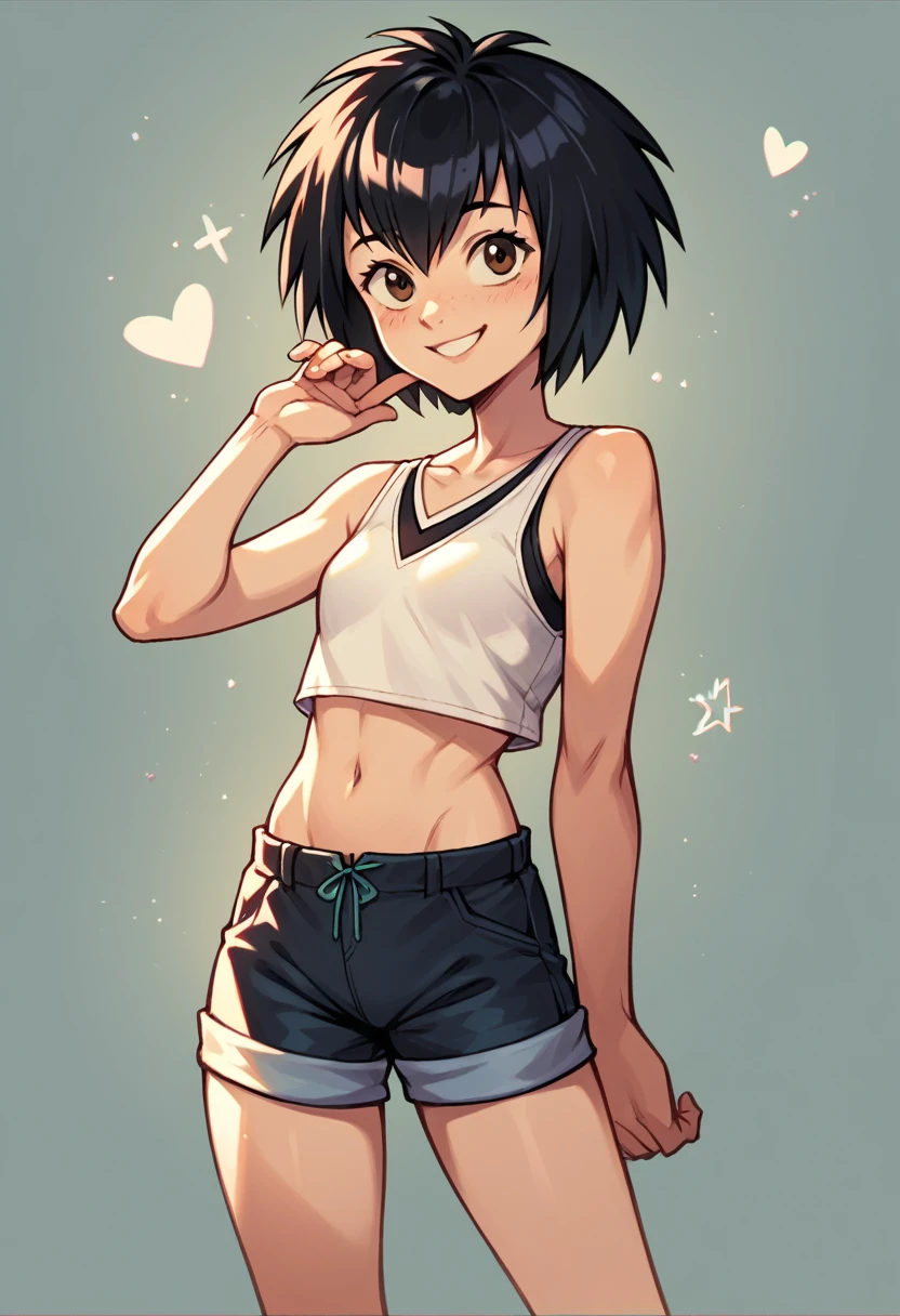 ((peni parker)), crop top, white tank , Booty shorts, gentle smile ,