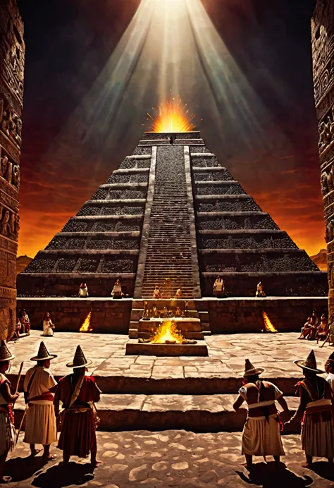 a detailed, intricate illustration of an ancient aztec ritual in the pyramid of the sun, el dorado, mexico, with priests perform...