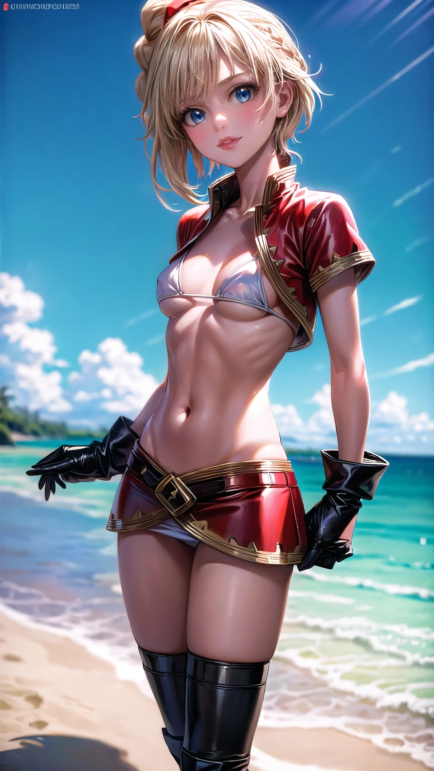 1 adult woman, character "kid" from chrono cross, 20 years old, (mature face), yellow hair in a high braided ponytail, (medium-small bust:1.4),standing on white sandy beach, in various fighting poses, fitted jacket 3/4 cropped, white top under jacket, tight fitting micro skirt, loose leather boots, ankle wraps, detailed face, detailed eyes, detailed lips, highly detailed, 8k, ultra-detailed 90s era anime style, cinematic lighting, vivid colors, dramatic shadows, masterpiece, award winning art, wide angle, (full length portrait), strong_negative, micrsk3rt, bikini underboob, navel, no bra 