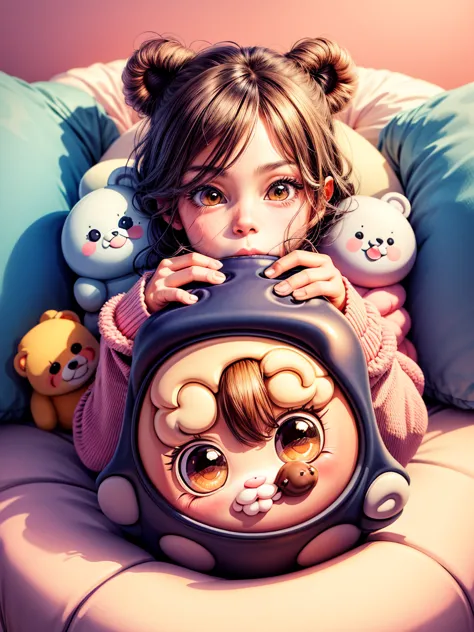 a girl sipping hot cocoa by the fireplace with her bear, bunny, and kitty cuddled up around her, cute kawaii vector art style wi...