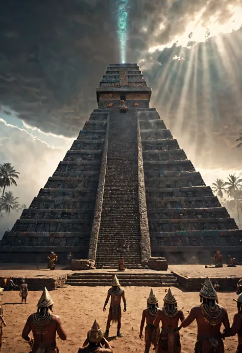 a huge ancient pyramid, detailed aztec priest performing ritual sacrifice with silver aliens in the sky observing, intricate azt...