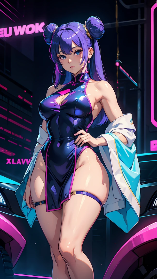 shampoo, Ranma 1/2, , bun head、bluish Purple wide fur, double tail、Chinese traditional white dress with gold ornaments.  Fitness, muscular, shredded abs, thick thighs, thick calves, sexy legs, thicc thighs, large hips, thin waist, small breasts, high heels, full body, thick legs, long legs. View of the Cyberpunk City, Clearly defined lines, Neon Lights, Very Sexy, 8k, 8k Very detailed), (Very delicate and beautiful), (masterpiece), (Better Quality: 1.0), (Ultra-high resolution:1.0), ((Synthwave Background Theme)), cyan, and pink neon lights, rainny night, cute, sexy, beautiful, innocent, evil, fishnet bodysuit