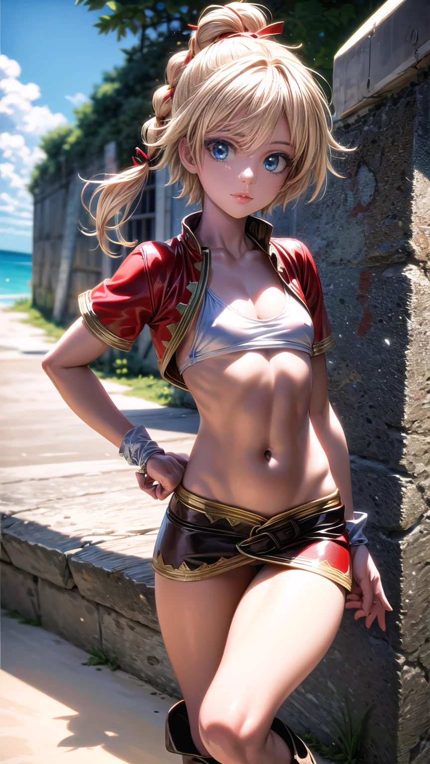 1 adult woman, character "kid" from chrono cross, 20 years old, (mature face), making various facial expressions, yellow hair in a high braided ponytail, (medium-small bust:1.4),standing on white sandy beach, in various fighting poses, fitted jacket 3/4 cropped, white top under jacket, tight fitting micro skirt, loose leather boots, ankle wraps, detailed face, detailed eyes, detailed lips, highly detailed, 8k, ultra-detailed 90s era anime style, cinematic lighting, vivid colors, dramatic shadows, masterpiece, award winning art, wide angle, (full length portrait), strong_negative, micrsk3rt, bikini underboob, navel, no bra 