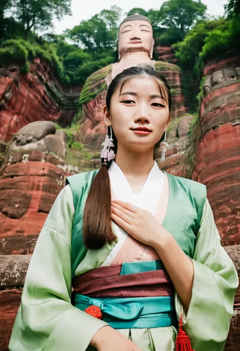 a girl in hanbok, pretty face, bust, leshan buddha in the background, film camera, fuji, stock photo, movie tones