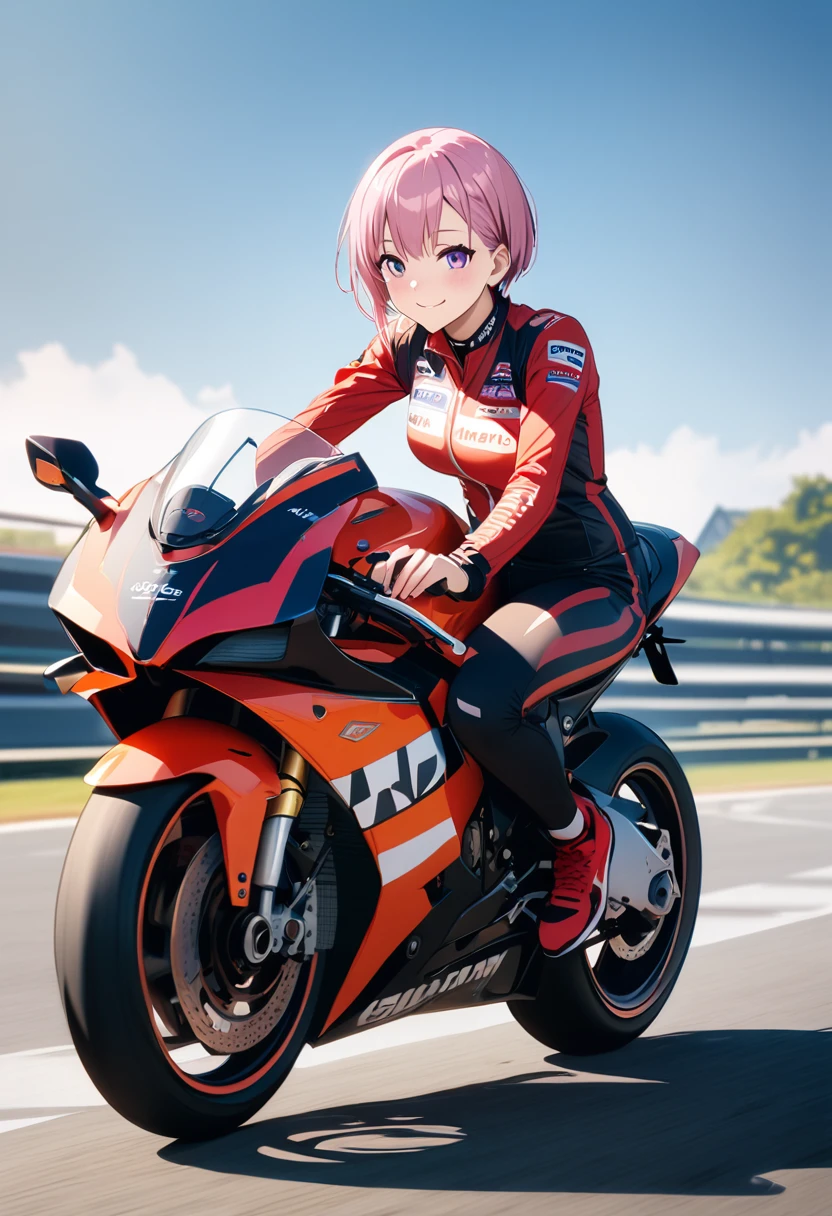 (Highest quality, 4K, 8k, High resolution, masterpiece:1.2), Very detailed, Picturesque, Anime-style photos, Photo animation:1.37)、Japanese、(Pink Hair)、(Pixie Cut)、smile、Black choker、Racing Suits、riding a large bike、whole body、Nakano Ichika