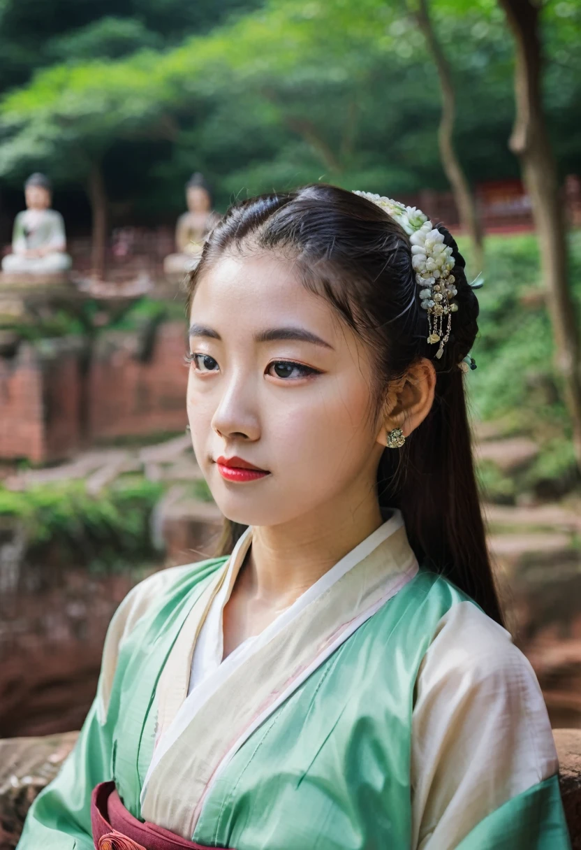 A girl in hanbok, pretty face, bust, Leshan Buddha in the background, film camera, Fuji, stock photo, movie tones