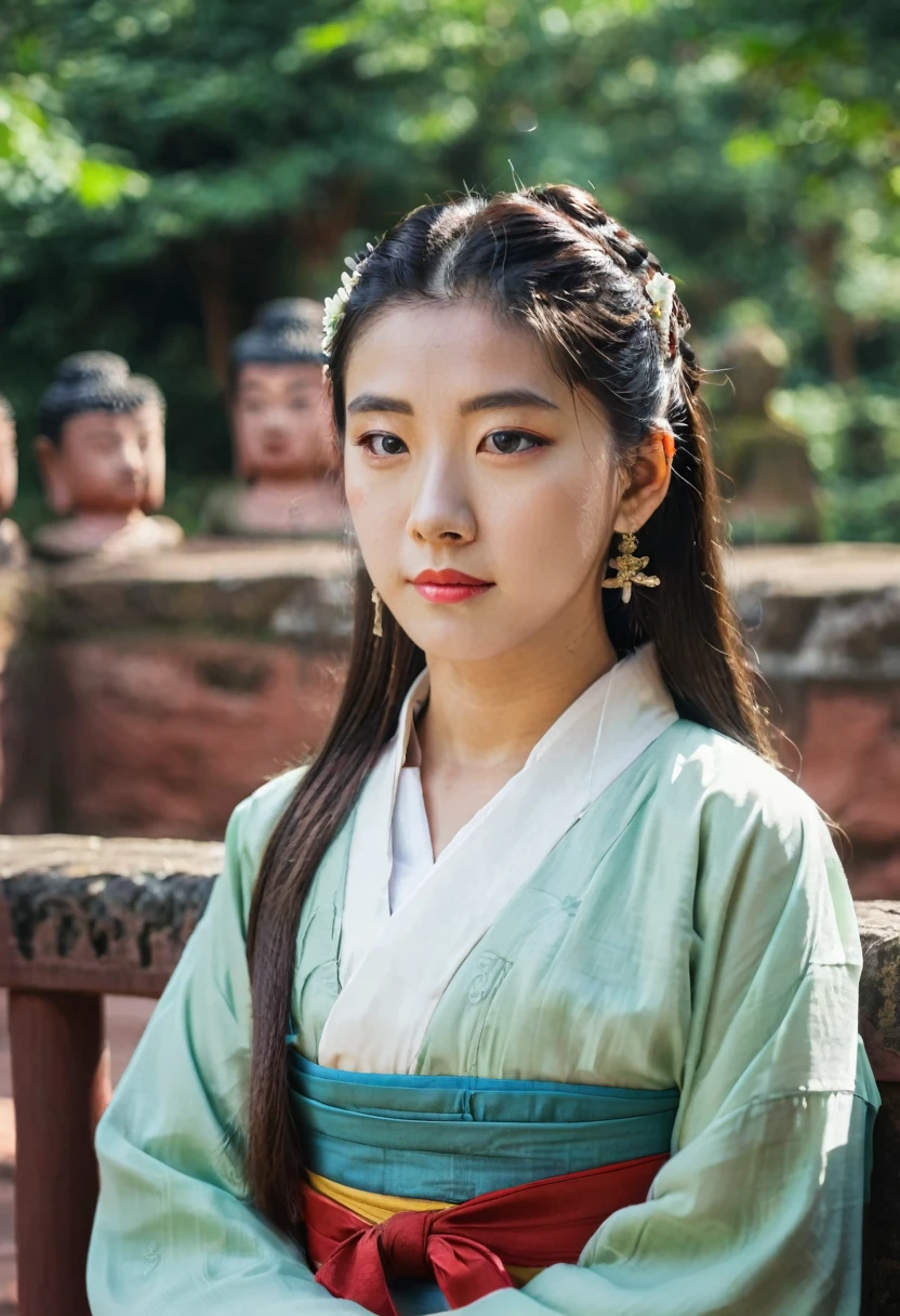 A girl in hanbok, pretty face, bust, Leshan Buddha in the background, film camera, Fuji, stock photo, movie tones