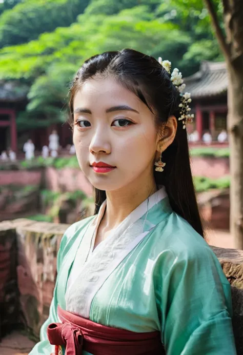 a girl in hanbok, pretty face, bust, leshan buddha in the background, film camera, fuji, stock photo, movie tones