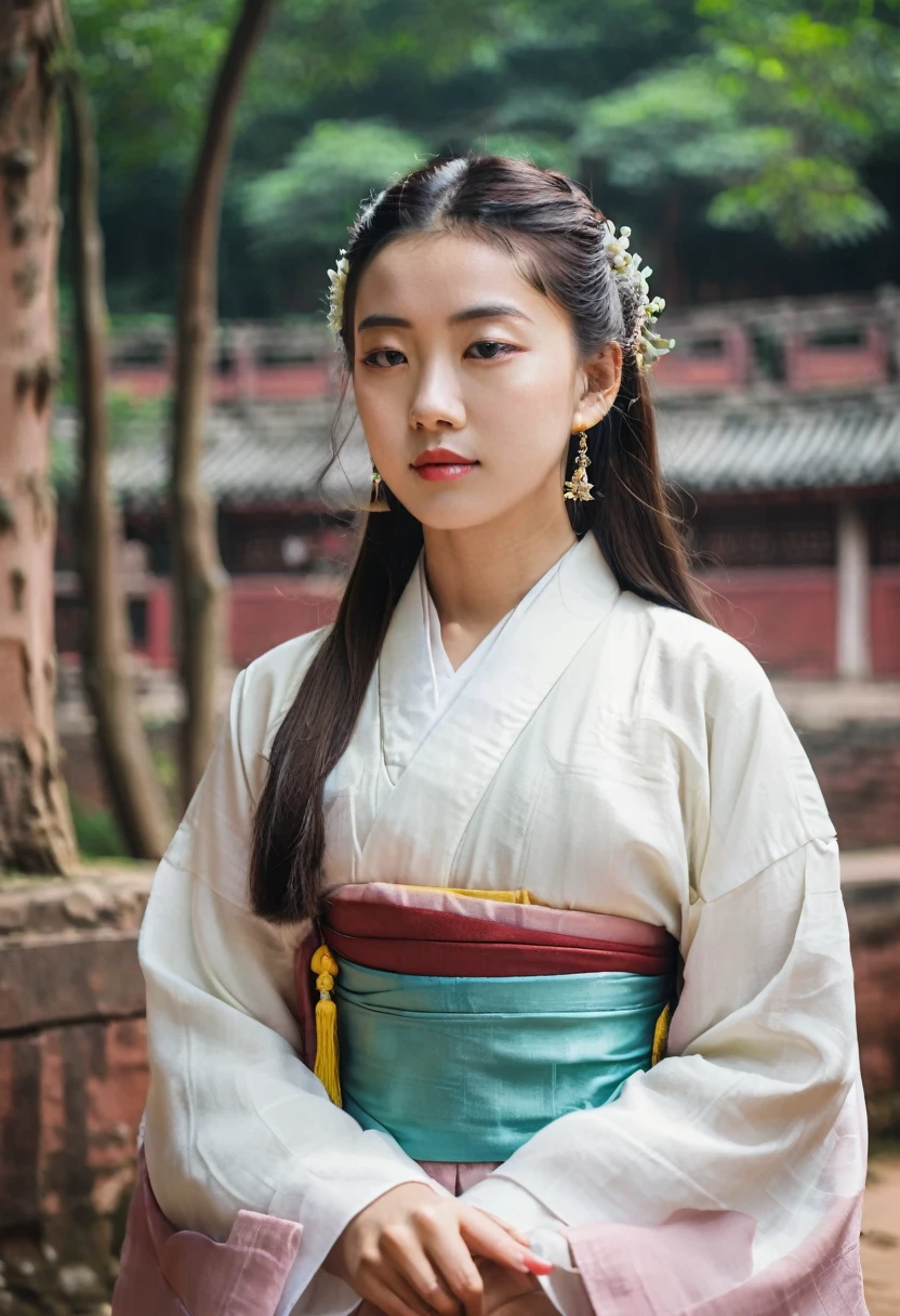 A girl in hanbok, pretty face, bust, Leshan Buddha in the background, film camera, Fuji, stock photo, movie tones