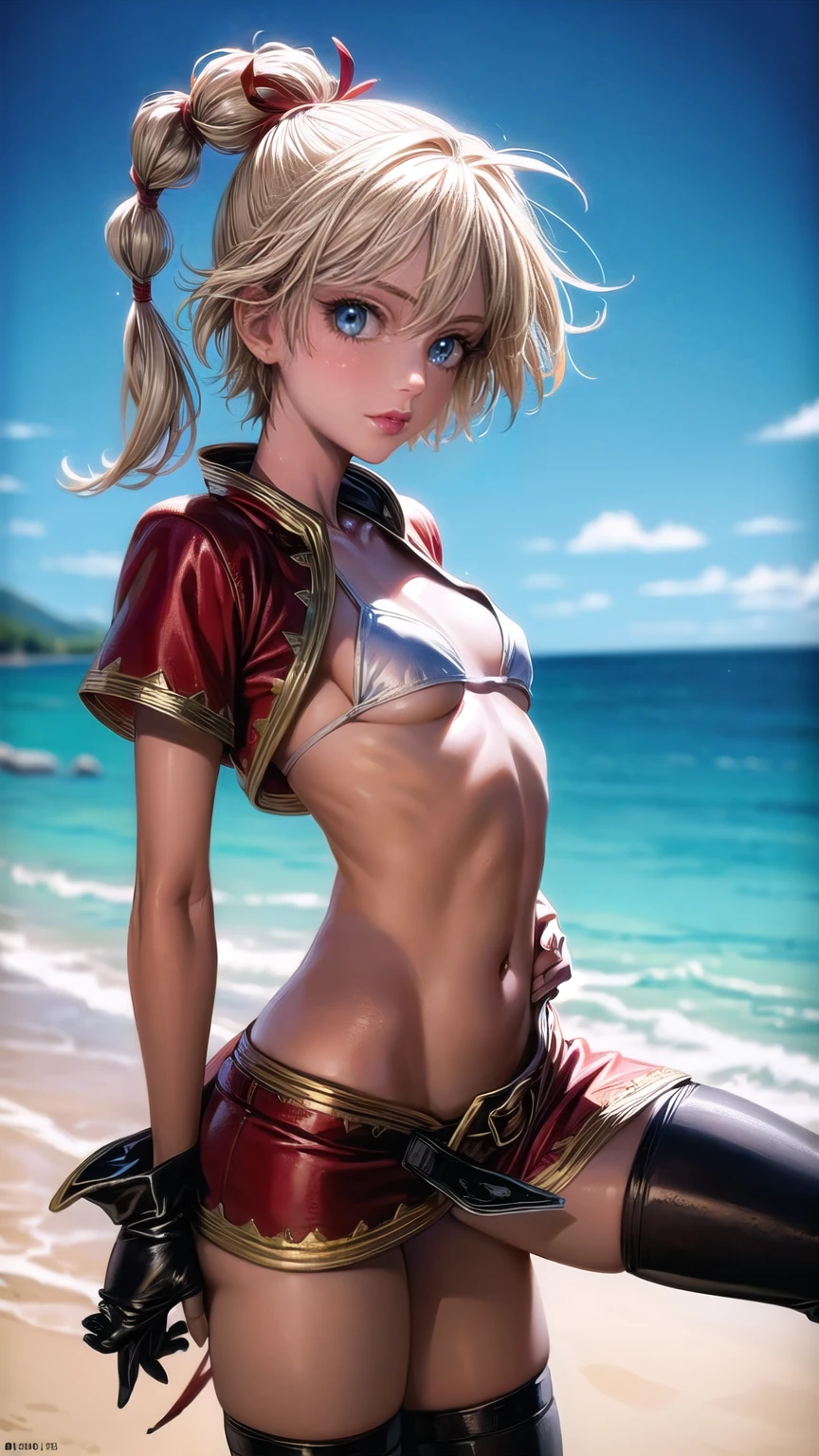 1 adult woman, character "kid" from chrono cross, 20 years old, ((mature face)), various detailed facial expressions, yellow hair in a high braided ponytail, (medium-small bust:1.4),standing on white sandy beach, in various fighting poses, fitted jacket 3/4 cropped, white top under jacket, tight fitting micro skirt, loose leather boots, ankle wraps, detailed face, detailed eyes, detailed lips, highly detailed, 8k, ultra-detailed 90s era anime style, cinematic lighting, vivid colors, dramatic shadows, masterpiece, award winning art, wide angle, (full length portrait), strong_negative, micrsk3rt, bikini underboob, navel, no bra 