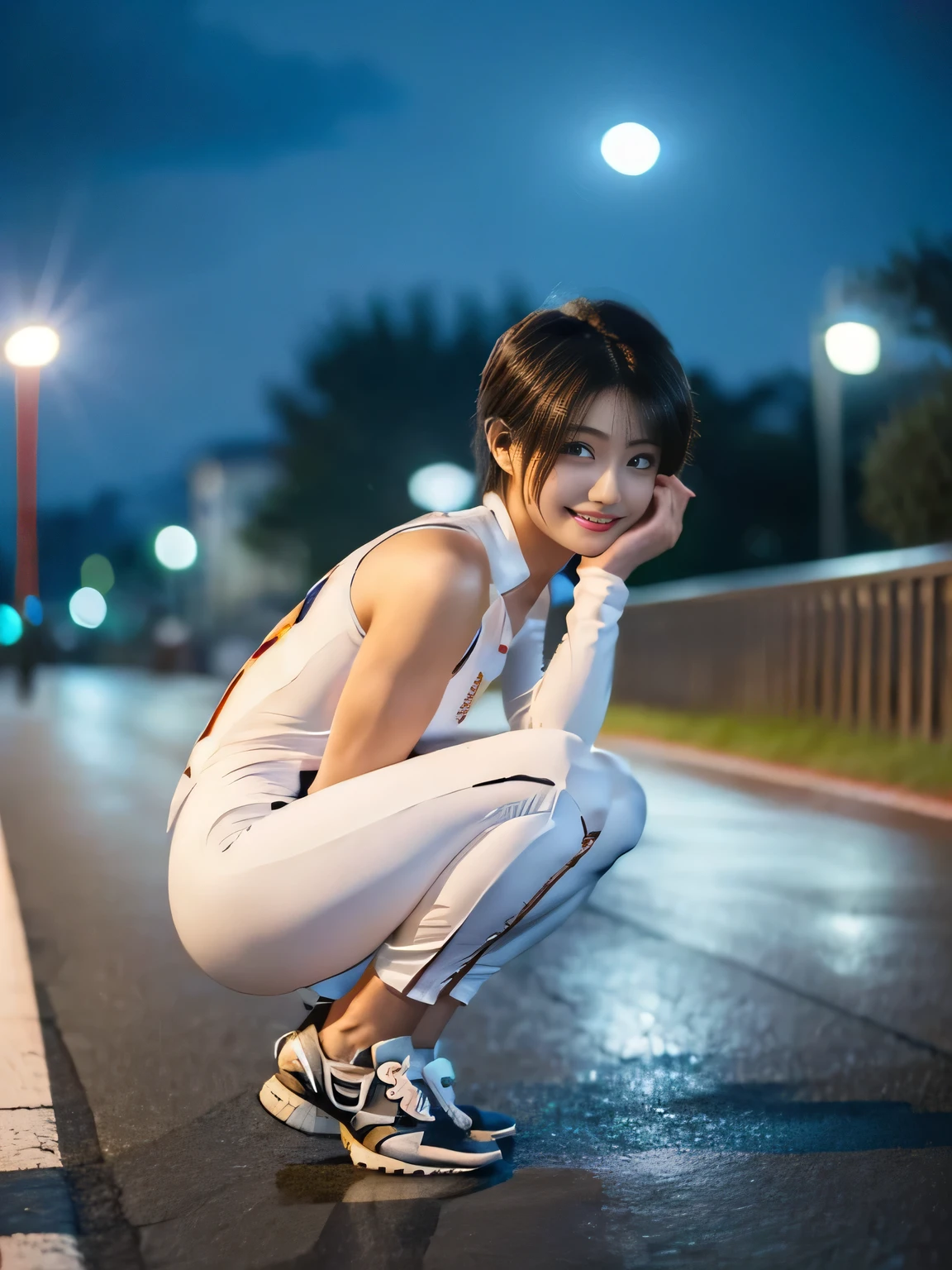 20 year old Japanese beauty，One woman、Muscular body like a bodybuilder、Emphasize the breasts、Slit eyes、Full body image up to the tip of the foot，Bust is very very large、Full moon night in the background、High quality photos、Clear, crisp images of the lower body、Masterpiece 8k、Smiling、From the front, from the side, from the back, etc.々from what camera angle to shoot、Highly lustrous satin outfit、Full-body clothing、Wearing a road bike racing suit、Riding a road bike