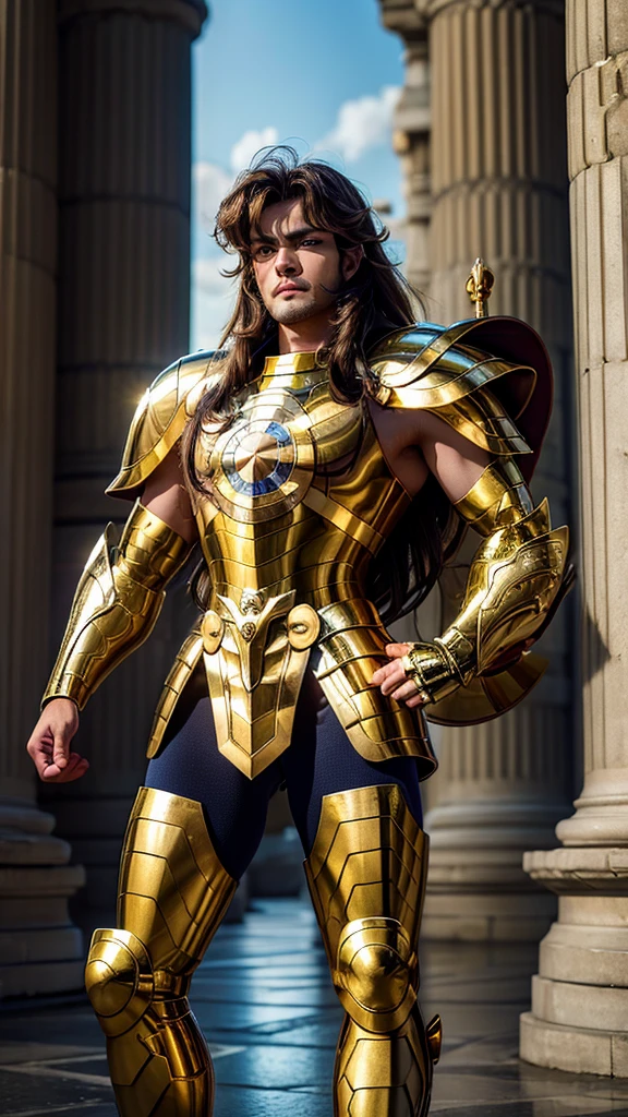 A man, male details, Degel Libra from Saint Seiya, masterpiece, best quality, highly detailed RAW color photo, sharp focus, 8k high definition, reading glasses, holding a dargon energy, long brown hair, turtle neck, male wearing gold shiny armor, light turquoise brown hair, tight-fitting  undergarment beneath armor, purple eyes, leg armor, shoulder armor, gold armor, reflection on armor, headset, gold headband, sparking armor, white skin-tight transparent vinyl, gentle smile, in an open and well-lit Coliseum,Fighting Pose with Greek pillars and garden with flowers, Libra Armor, standing straight, sacredness, landscape, bright, facial freckles (0.1), to8contrast style, posing in a bright Coliseum with Greek golden pillars, rim lighting (1.4), two-tone lighting with soft highlights, octane, unreal, well-lit, aura of wisdom.