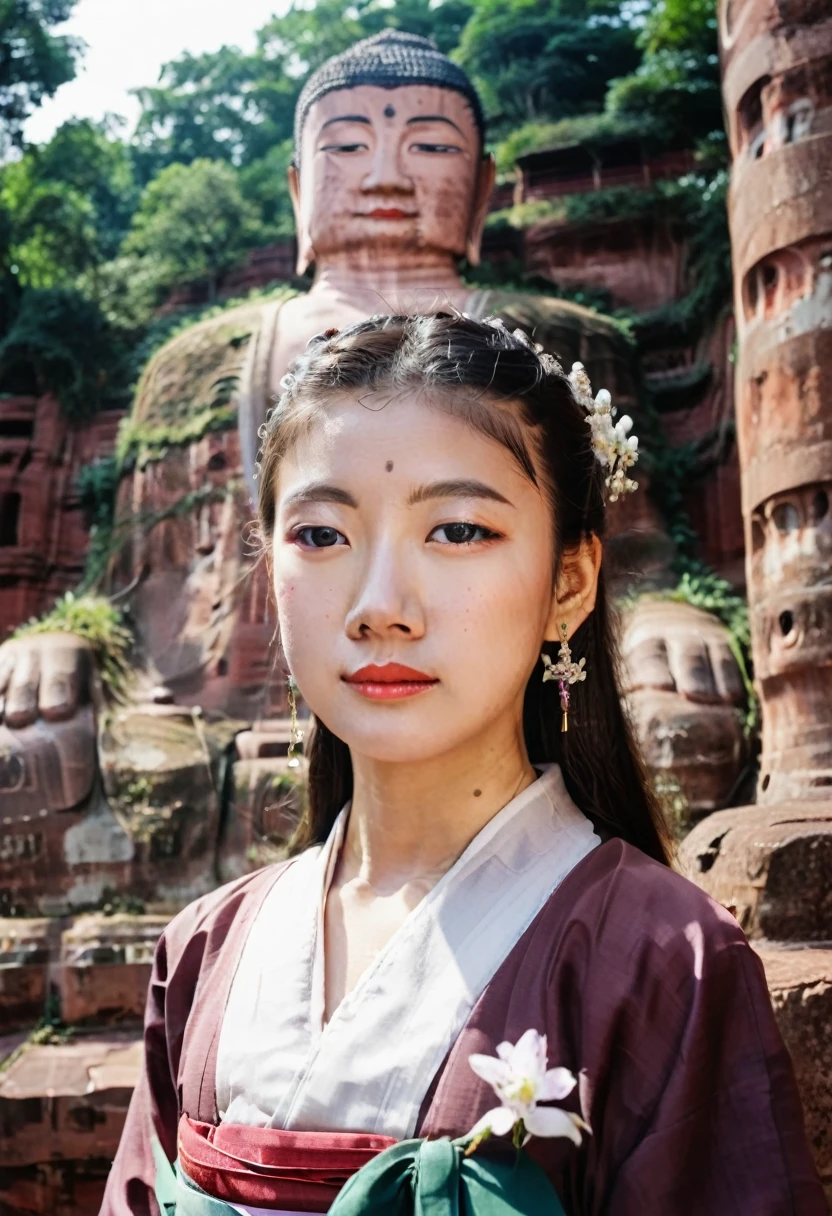 A girl in hanbok, pretty face, bust, standing in front of the Leshan Buddha in the background, film camera, Fuji, photographic prints, film tones