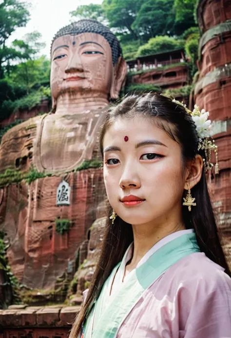 a girl in hanbok, pretty face, bust, standing in front of the leshan buddha in the background, film camera, fuji, photographic p...