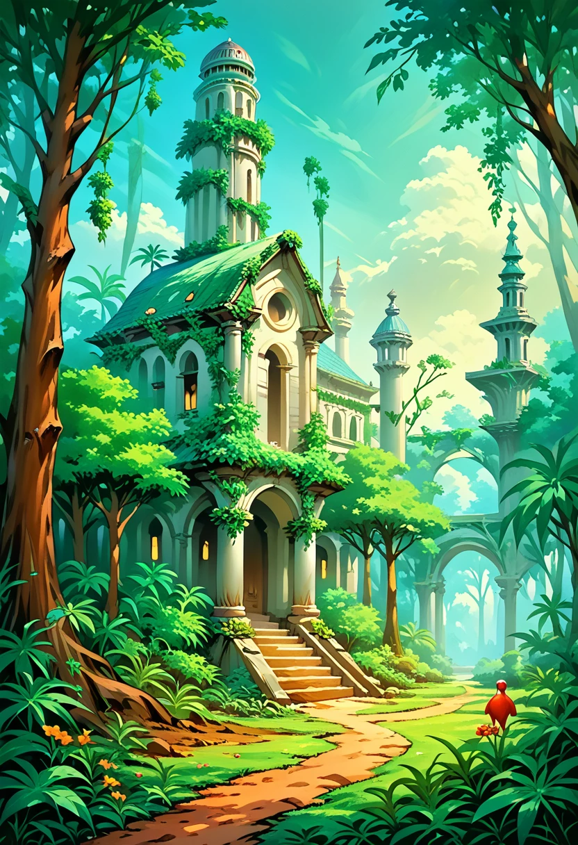 ralph-mcquarrie style, greek architecture done in a sci-fi style on a beautiful forest and meadow scene with tall buildings and open green spaces, oil painting, beautiful, highly detailed