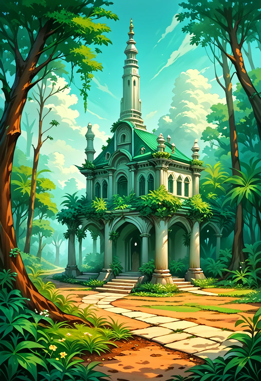 ralph-mcquarrie style, greek architecture done in a sci-fi style on a beautiful forest and meadow scene with tall buildings and open green spaces, oil painting, beautiful, highly detailed