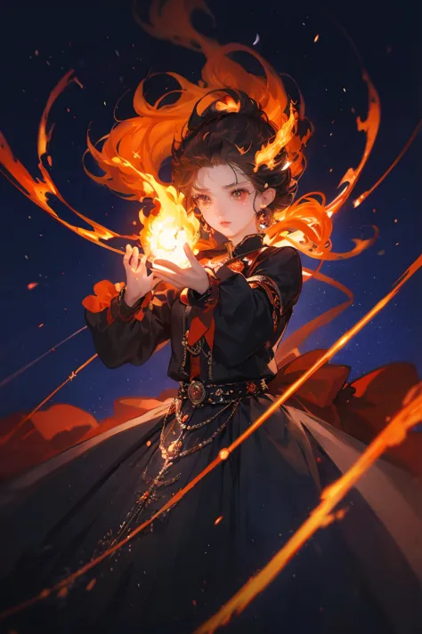 enter a captivating scene，an anime girl sitting on a floating in air , how energetic fire particles ignite the air around you, c...