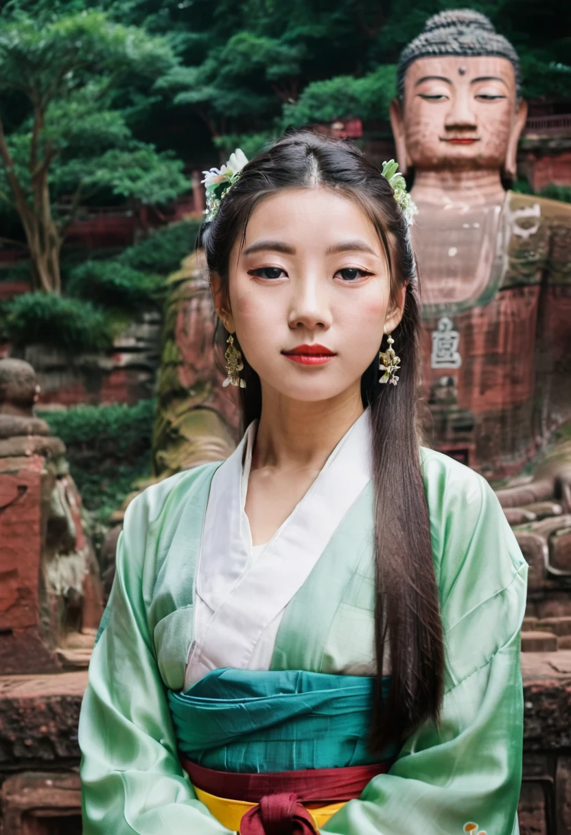 A girl in hanbok, pretty face, bust, standing in front of the Leshan Buddha in the background, film camera, Fuji, photographic prints, film tones