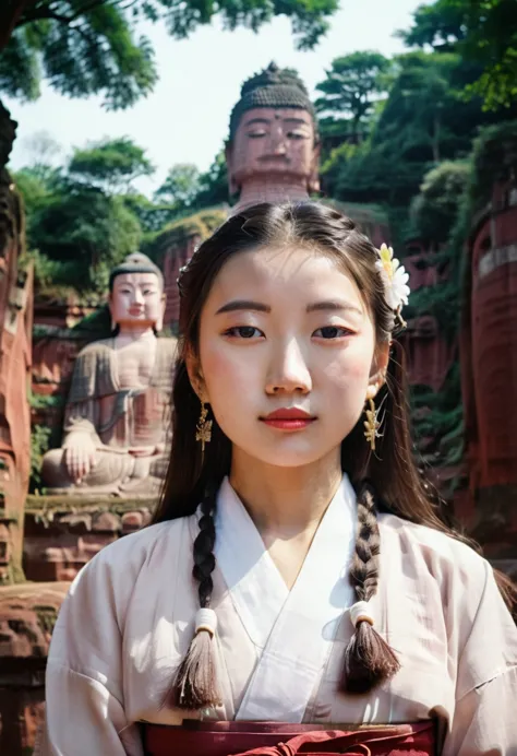 a girl in hanbok, pretty face, bust, standing in front of the leshan buddha in the background, film camera, fuji, photographic p...