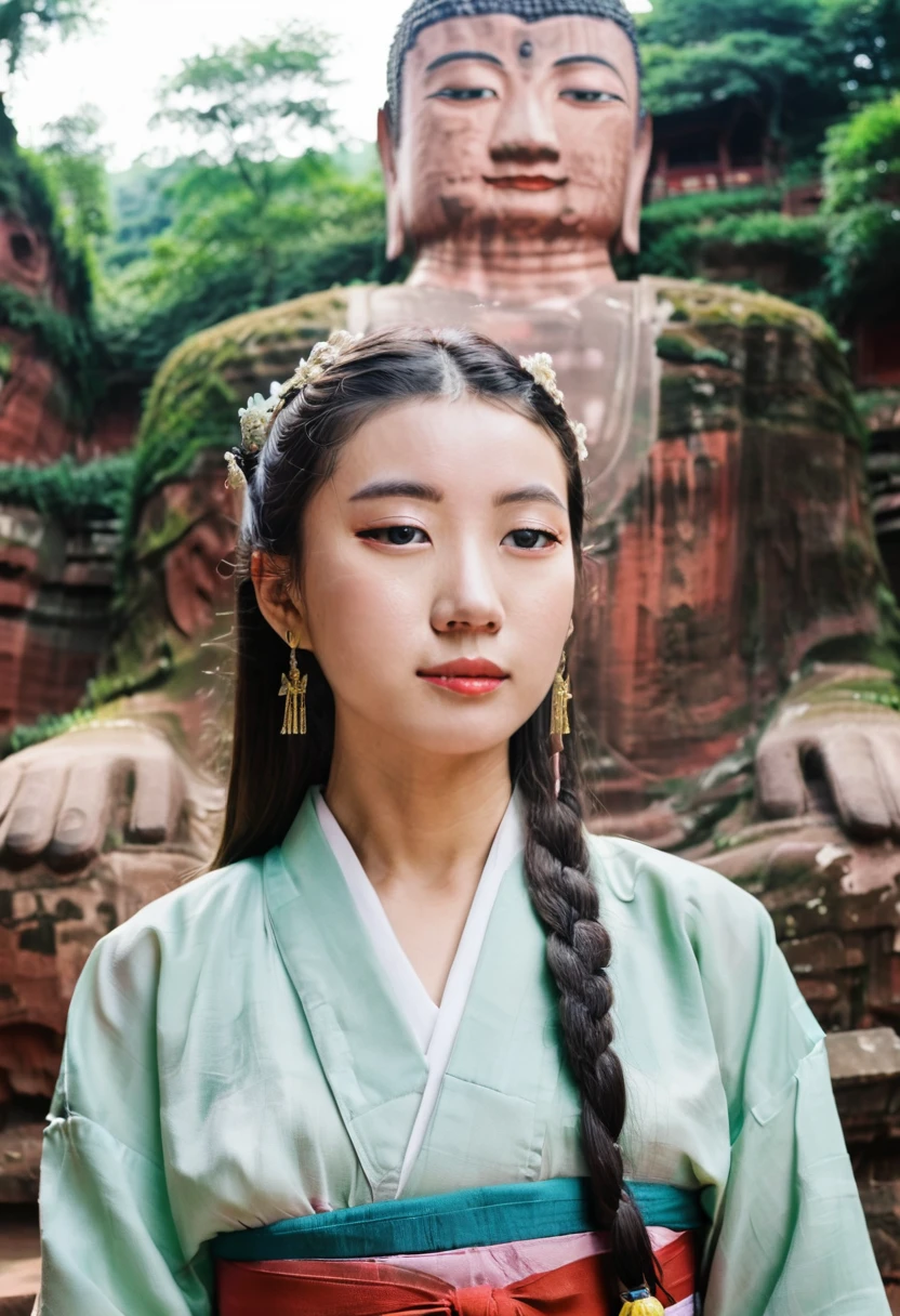 A girl in hanbok, pretty face, bust, standing in front of the Leshan Buddha in the background, film camera, Fuji, photographic prints, film tones