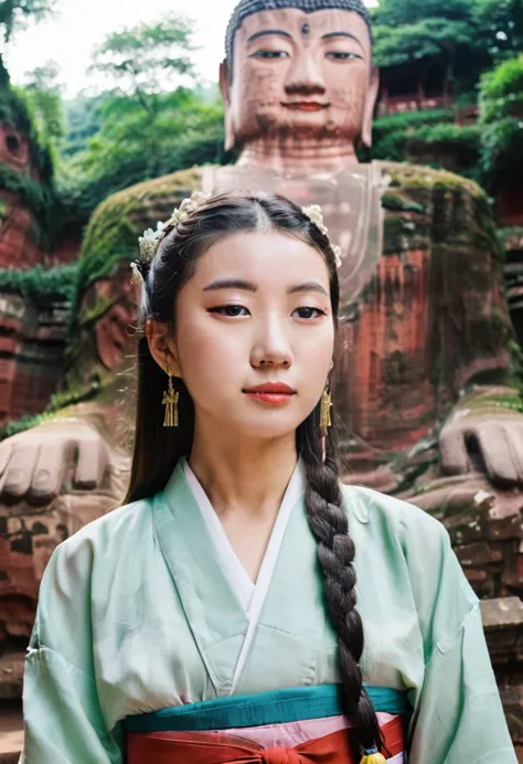 a girl in hanbok, pretty face, bust, standing in front of the leshan buddha in the background, film camera, fuji, photographic p...