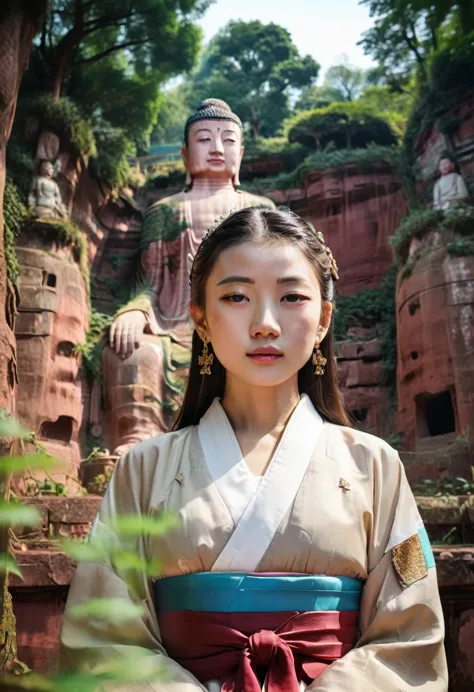 a girl in hanbok, beautiful face, bust, background leshan buddha, standing in front of leshan buddha, film camera, fuji, photogr...