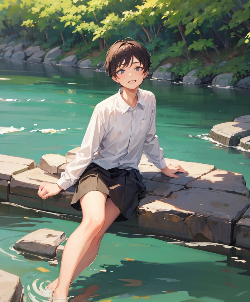 a boy smiling at me , sitting under a tree after noon time focus on the face beside a river 