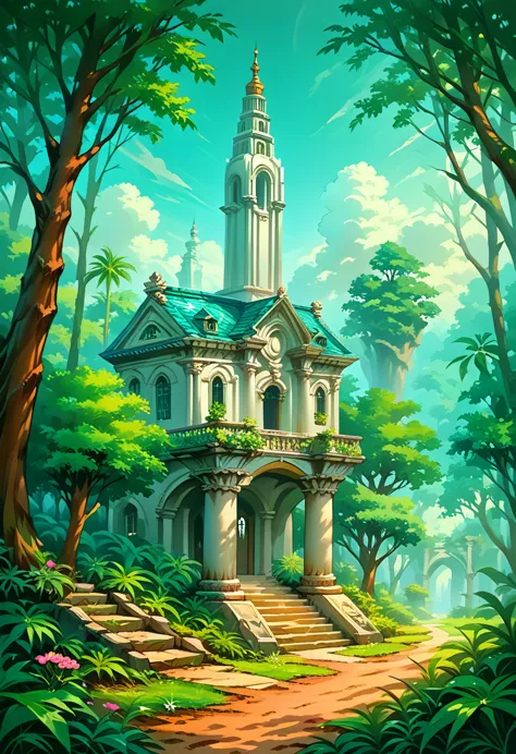 ralph-mcquarrie style, greek architecture done in a sci-fi style on a beautiful forest and meadow scene with tall buildings and ...