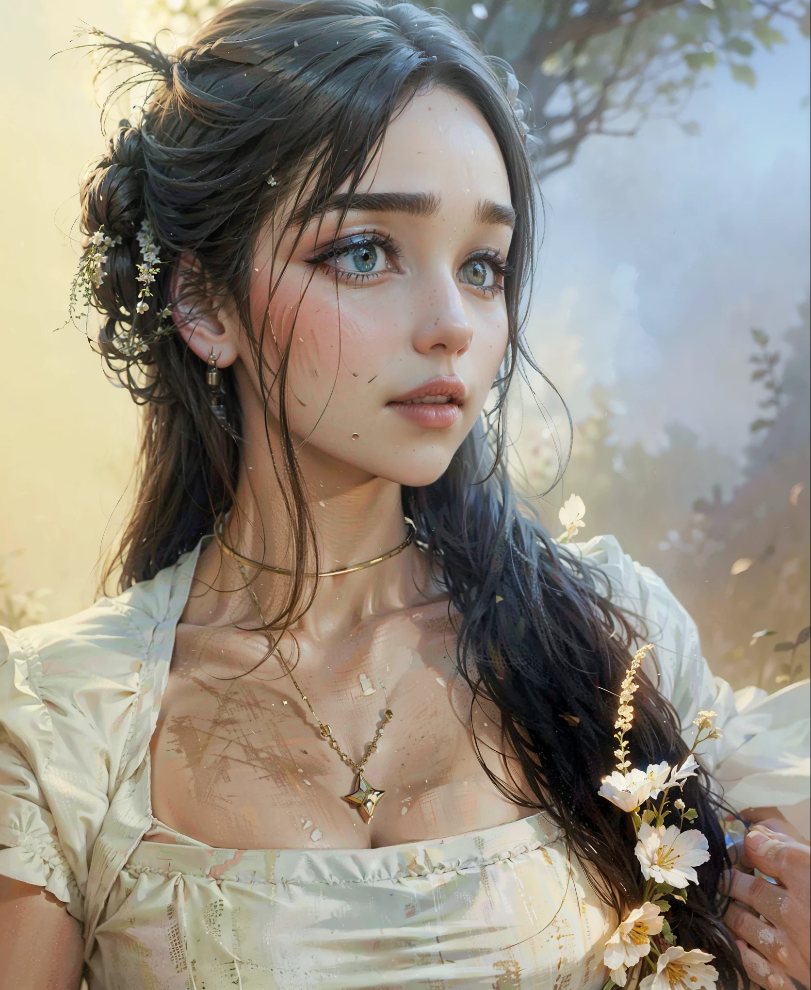 A beautiful woman,elegant woman,long flowing hair,green eyes,full lips,porcelain skin,delicate features,serene expression,silk dress,standing in a field of wildflowers,natural lighting,warm color tones,high quality detailed portrait,photorealistic,masterpiece,vibrant colors,cinematic lighting