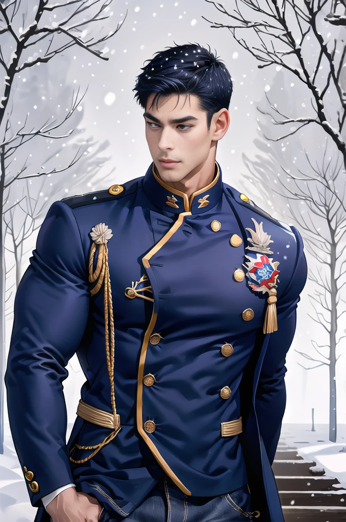 Handsome young man,(Thin mustache:0.8), alone, (ฺBuzz Cut:0.8), (Wear a navy blue coat:1.2),Blue Jeans,(Wear a black watch.),Korean people,chest muscles,large arm muscles,blood vessel,big muscles,Broad shoulders,(Snow Forest:1.4),