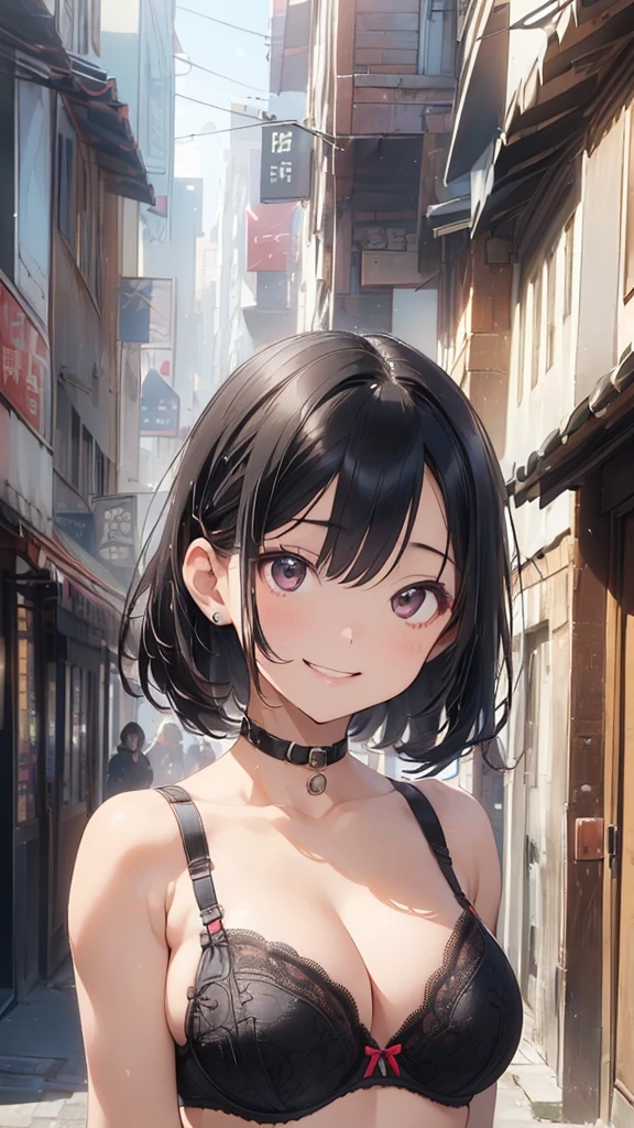 ((Game CG))、young woman、smile、(A wide forehead is visible、Sexy pose)、((Very short hair、Black Hair、very, very big breasts))、((masterpiece、High resolution、16K))、((sexy bra、Delicately embroidered bra))、(very近い:1.5)、(Focus on the upper body:1.5)、((smile))