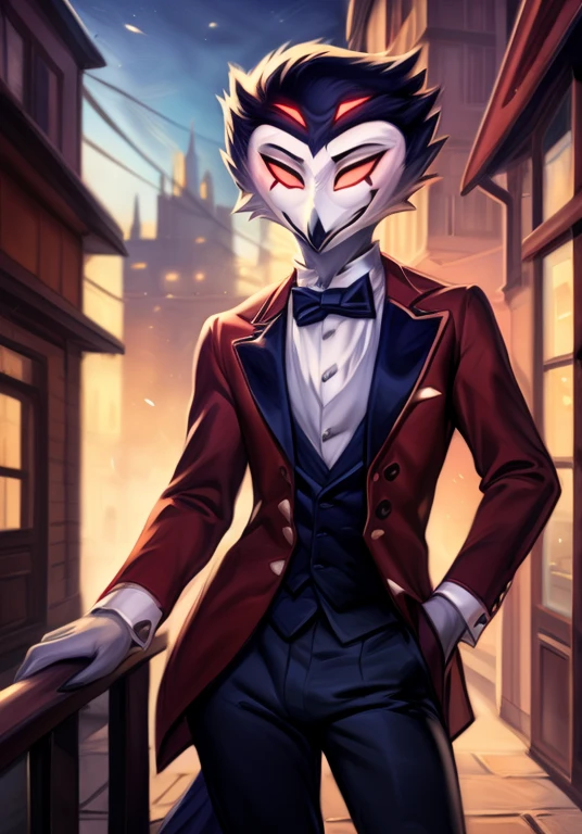 por zackary911,by Chunie,(by place:1.2),by kiyosan,by sigma,((masterpiece)), ((8K quality)), (without watermark), stolas, male, SFW, upright posture, male Mouth closed, standing, ((perfect red formal suit)), another hand at his side, (Alone:1.4), pulcro, bright, male body, ((Slim body)), showy, vibrant colors, perfect lighting, perfect shadows, Perfect eyes, perfect face, ((victorian city background)), evening, Global light, (decolaed background, depth of field), (4k, 2k, shading, absurd resolution), perfectly centered image
