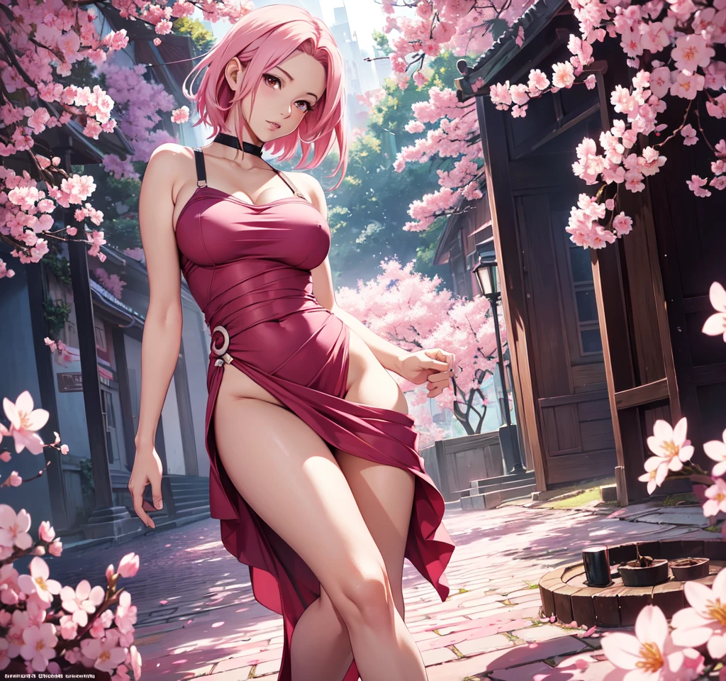 sakura haruno, exposed leg dress, maturebody, beautiful  face, sultry posing, big buttocks, illustration, high resolution, ultra detali, realisitic, swirly vibrant colors, soft lighting, cherry blossom theme