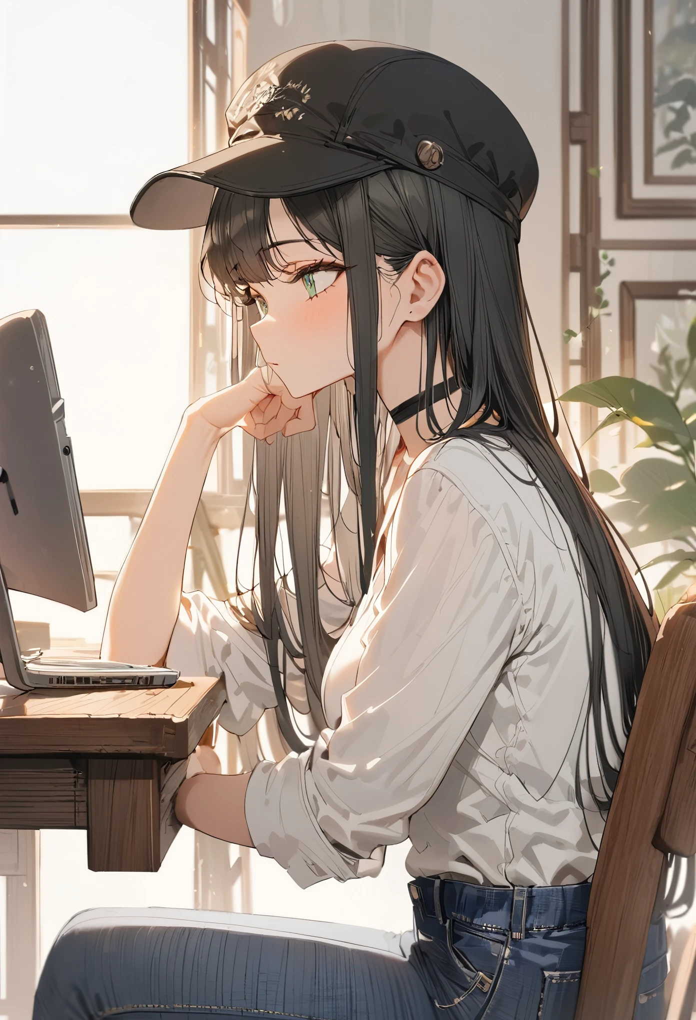 1girl,white shirts, black jacket, black hair,long hair, straight hair, black chocker,blue jeans, holding mug ,wooden desk, sitting chair,from side, looking away, black cap, green eyes, narrow eye,put your elbows on the desk, comfortable,masterpiece,best quality, ultra detail, beautiful eyes,perfect hand,