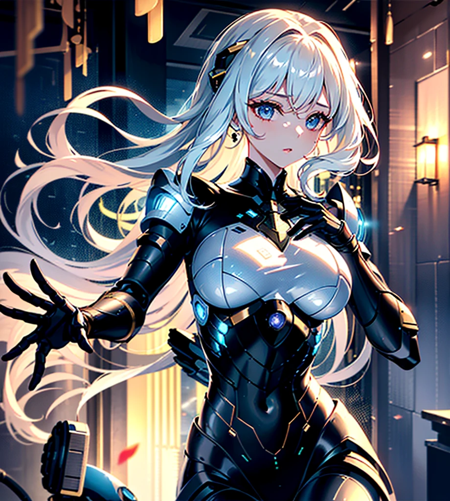 Super Detail, High Detail, high quality, best quality, High resolution，a female robot，Beautiful female robot,beautiful clear face(Rain waves_haneame：1.5)，mechanical body(whole body，body curve，Large size chest)，black machine armor，high tech，Highly mechanized