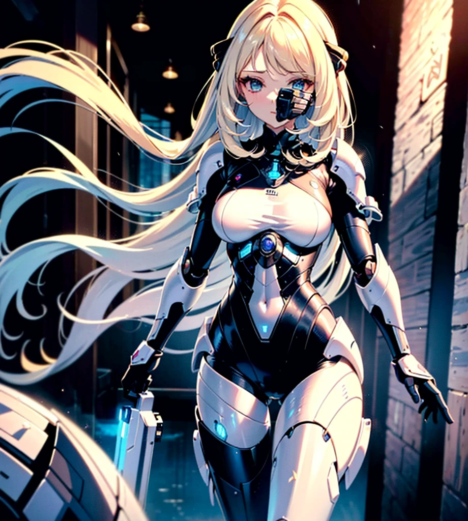 Super Detail, High Detail, high quality, best quality, High resolution，a female robot，Beautiful female robot,beautiful clear face(Rain waves_haneame：1.5)，mechanical body(whole body，body curve，Large size chest)，black machine armor，high tech，Highly mechanized